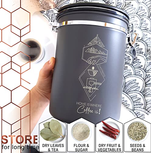 Extra Large 38oz Beans / 35oz Grounds Coffee Canister - Coffee Storage Container Tea Flour, Airtight Stainless Steel with Date Dial Release Valve Spoon