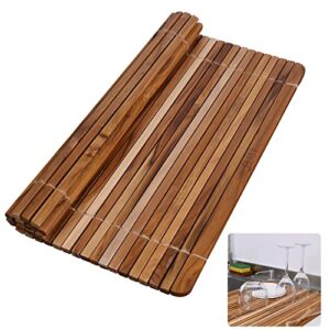 htb over sink dish drying rack 17.8” x 16.1, kitchen teak wood roll up dish drying rack for dishes,plates, bowls, wooden sink cover for counter space