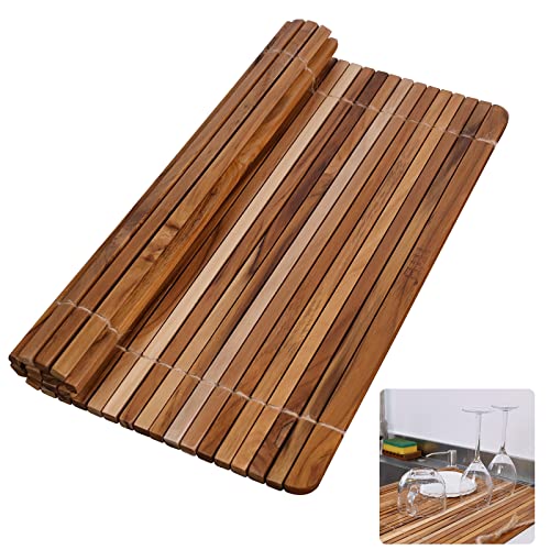 HTB Over Sink Dish Drying Rack 17.8'' x 16.1, Kitchen Teak Wood Roll Up Dish Drying Rack for Dishes,Plates, Bowls, Wooden Sink Cover for Counter Space