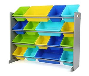 humble crew extra-large toy organizer, 16 storage bins, grey/blue/green/yellow,15.5″d x 42″w x 35″h