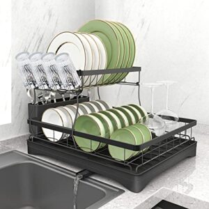 dish drying rack for kitchen counter, 2-tier dish racks with drainboard, large capacity dish drainer organizer shelf with utensil holder, wine glass holder（black）