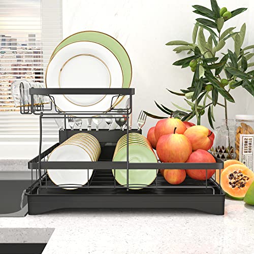 Dish Drying Rack for Kitchen Counter, 2-Tier Dish Racks with Drainboard, Large Capacity Dish Drainer Organizer Shelf with Utensil Holder, Wine Glass Holder（Black）