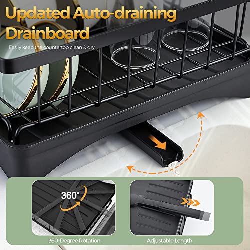 Dish Drying Rack for Kitchen Counter, 2-Tier Dish Racks with Drainboard, Large Capacity Dish Drainer Organizer Shelf with Utensil Holder, Wine Glass Holder（Black）