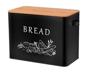 teamfar bread box with wooden lid, 13.1” x 7.2” x 9.7” metal bread container storage holder for family farmhouse kitchen countertop, powder-coated & healthy, large capacity & classic pattern (black)