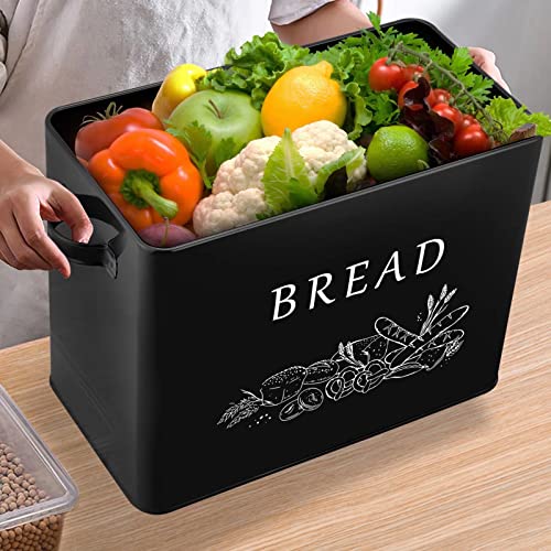 TeamFar Bread Box with Wooden Lid, 13.1” x 7.2” x 9.7” Metal Bread Container Storage Holder for Family Farmhouse Kitchen Countertop, Powder-Coated & Healthy, Large Capacity & Classic Pattern (Black)