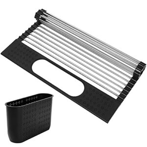 Ohuhu Roll Up Dish Drying Rack with Utensil Holder, Sink Dish Drying Rack 17.3" L x 15.6" W Dish Drainer Multipurpose Collapsible Dish Racks for Kitchen Counter Organizer