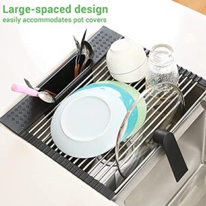 Ohuhu Roll Up Dish Drying Rack with Utensil Holder, Sink Dish Drying Rack 17.3" L x 15.6" W Dish Drainer Multipurpose Collapsible Dish Racks for Kitchen Counter Organizer