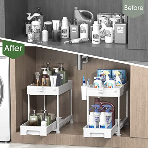 SPACEKEEPER Under Sink Organizer, Sliding Cabinet Basket Organizer 2 Tier Under Bathroom Storage Rack with Hooks, Hanging Cup, Dividers, Multi-purpose Storage Shelf for Bathroom Kitchen, White, 2 Pack