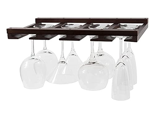 Rustic State Eze 4 Sectional Adjustable Wood Under Cabinet Wine Glass Holder Wine Glass Rack Hanging Shelf Stemware Bar Organizer - 12 Wine Glass Storage - 10 Inch Deep - Chestnut Stained