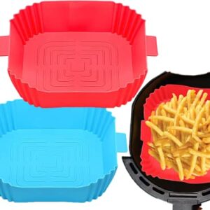 Air Fryer Silicone Liners (2-Pack), Reusable Square Air Fryer Liners Heat Resistant Silicone Air Fryer Liners Air Fryer Accessories For 4 To 7 Qt Air fryers (Red+Blue)