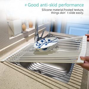 Multipurpose Roll Up Dish Drying Rack White Dish Drying Mat with Rack for Kitchen,Heavy Duty Foldable Silicone-Coated Stainless Steel Roll-Up Sink Dry Rack, Versatile Dish Rack(White,20.5" x 13.1")