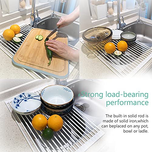 Multipurpose Roll Up Dish Drying Rack White Dish Drying Mat with Rack for Kitchen,Heavy Duty Foldable Silicone-Coated Stainless Steel Roll-Up Sink Dry Rack, Versatile Dish Rack(White,20.5" x 13.1")