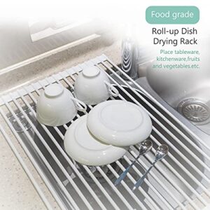 Multipurpose Roll Up Dish Drying Rack White Dish Drying Mat with Rack for Kitchen,Heavy Duty Foldable Silicone-Coated Stainless Steel Roll-Up Sink Dry Rack, Versatile Dish Rack(White,20.5" x 13.1")