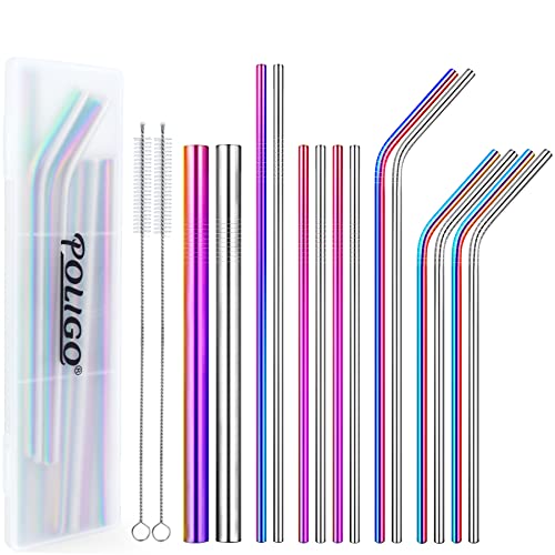 POLIGO 16pcs Reusable Stainless Steel Straws, Colorful Rainbow Drinking Straws, Iridescent Metal Straws with Portable Case and Cleaning Brushes for 20, 30 Oz Yeti Tumbler, Smoothies and Bubble Tea