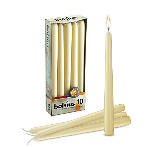 BOLSIUS Ivory Taper Candles - 10 Pack Unscented 10 Inch Dinner Candle Set - 8 Hours Burn Time - Premium European Quality - Smokeless and Dripless Household, Wedding, Party, and Home Décor Candlesticks