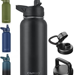 CIVAGO 32 oz Insulated Water Bottle With Straw, Stainless Steel Sports Water Cup Flask with 3 Lids (Straw, Spout and Handle Lid), Wide Mouth Travel Thermo Mug, Midnight Black