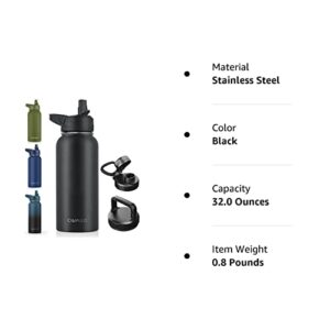 CIVAGO 32 oz Insulated Water Bottle With Straw, Stainless Steel Sports Water Cup Flask with 3 Lids (Straw, Spout and Handle Lid), Wide Mouth Travel Thermo Mug, Midnight Black