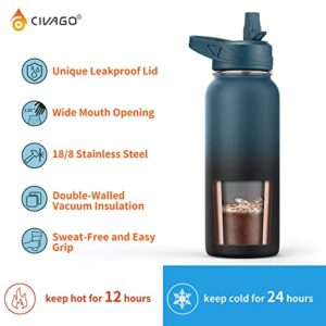 CIVAGO 32 oz Insulated Water Bottle With Straw, Stainless Steel Sports Water Cup Flask with 3 Lids (Straw, Spout and Handle Lid), Wide Mouth Travel Thermo Mug, Midnight Black