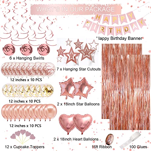 Rose Gold Birthday Party Decorations, Happy Birthday Banner, Rose Gold Fringe Curtain, Heart Star Foil Confetti Balloons, Hanging Swirls for Women Girls Birthday Princess Party