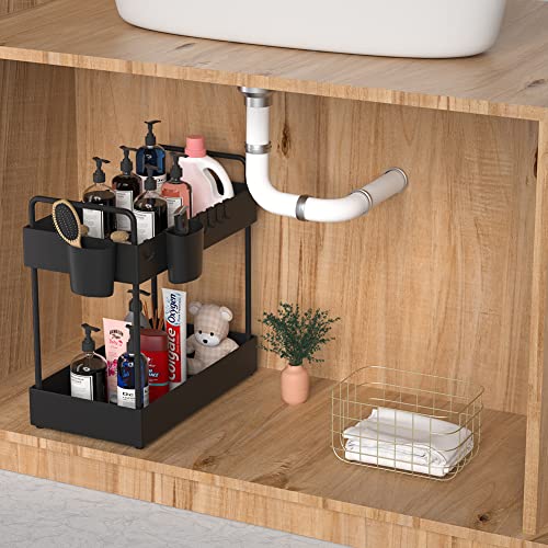 Ormeli Under Sink Organizer, 2 Tier Bathroom Sink Storage Under Cabinet Organizer Baskets Kitchen Countertop Organizer Multi-purpose Bath Collection Baskets with 6 Hooks 2 Hanging Cups(1 Pack, Black)