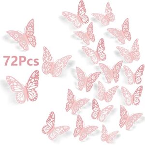 saoropeb 3d butterfly wall decor, 72pcs 3 sizes 3 styles, removable stickers wall decor room mural for party cake decoration metallic fridge sticker kids bedroom nursery classroom wedding decor diy gift (pink)