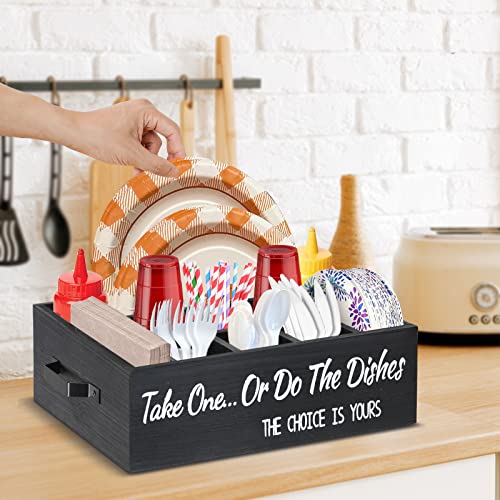 Kitchen Countertop Paper Plate Holders Utensil Caddy, Wood Utensil Holder Organizer for Plate Cup Fork Knives Spoon Napkin, Silverware Caddy Holder Condiment Caddy Organizer for Party Camping BBQ