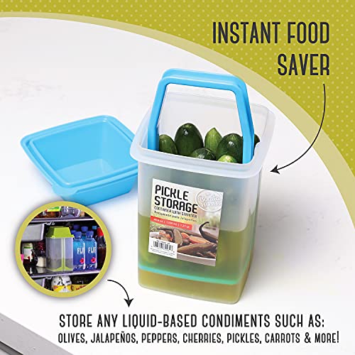 Bonita Home Pickle Storage Container with Strainer | Lift, Drain and Store Condiment Food Saver Jar with Snap Lid | 40.6 oz, 7.5" H x 4.25" W x 4.25" L (Blue)