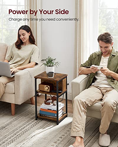 VASAGLE Side Table with Charging Station, 3-Tier End Table with USB Ports and Outlets, Nightstand for Living Room, Bedroom, 11.8 x 13.4 x 22.8 Inches, Plug-In Series, Rustic Brown and Black ULET373B01