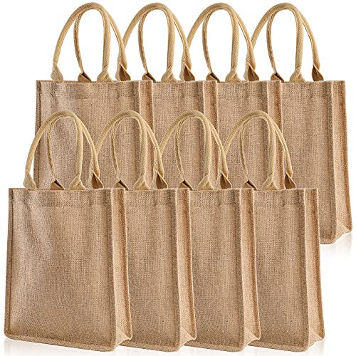 DEAYOU 8 Pack Jute Burlap Tote Bags, Burlap Gift Totes with Handles, Jute Beach Bags Reusable Lined Grocery Totes for Bridesmaid, DIY, Shopping, Pool, Wedding, 9.8''x11.8''x3.9'', Natural