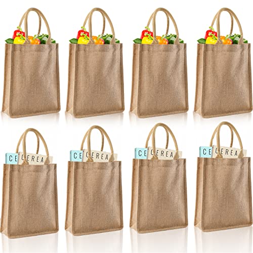 DEAYOU 8 Pack Jute Burlap Tote Bags, Burlap Gift Totes with Handles, Jute Beach Bags Reusable Lined Grocery Totes for Bridesmaid, DIY, Shopping, Pool, Wedding, 9.8''x11.8''x3.9'', Natural