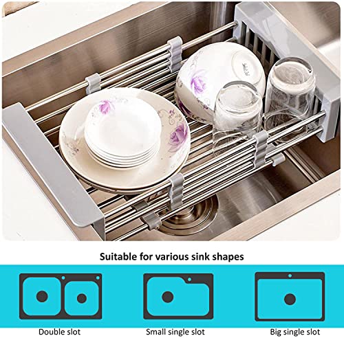 EJIE Expandable Sink Drying Rack, Dish Drying Rack Over The Sink, Kitchen Sink Drain Basket, Adjustable Expandable Stainless Dish Drying Rack, Gray