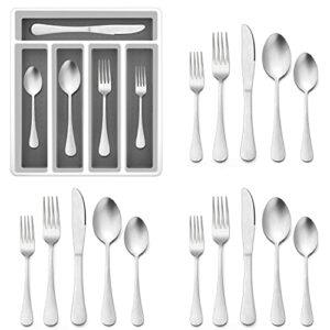 20-piece silverware set with tray, e-far stainless steel flatware cutlery set service for 4, eating utensils tableware with plastic organizer for home kitchen, matte finished & dishwasher safe