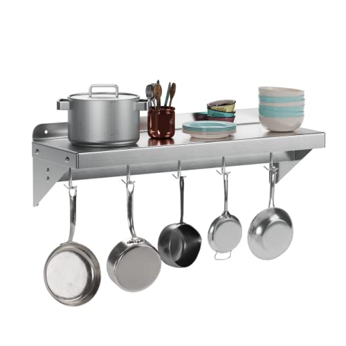 RIEDHOFF Metal Multifunctional Storage Rack with Backplash for Kitchen, [NSF Certified] 12" x 24" Stainless Steel Wall Mount Shelf with 5 Hooks for Hanging Pots, Pans,cookware in Home and Restaurant