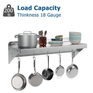 RIEDHOFF Metal Multifunctional Storage Rack with Backplash for Kitchen, [NSF Certified] 12" x 24" Stainless Steel Wall Mount Shelf with 5 Hooks for Hanging Pots, Pans,cookware in Home and Restaurant