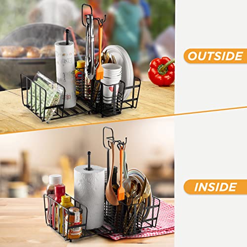 Utensil Caddy (Foldable) - Upgrade with Removable Hooks - Silverware, Plate, Napkin Storage Organizer, Paper Towel Holder and Handle, Utensil Holder for Camping, Picnic, Buffet, Grill, BBQ Parties