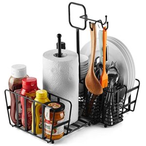 utensil caddy (foldable) – upgrade with removable hooks – silverware, plate, napkin storage organizer, paper towel holder and handle, utensil holder for camping, picnic, buffet, grill, bbq parties