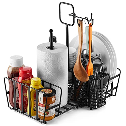 Utensil Caddy (Foldable) - Upgrade with Removable Hooks - Silverware, Plate, Napkin Storage Organizer, Paper Towel Holder and Handle, Utensil Holder for Camping, Picnic, Buffet, Grill, BBQ Parties