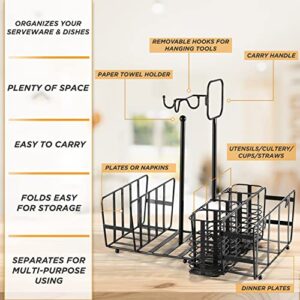 Utensil Caddy (Foldable) - Upgrade with Removable Hooks - Silverware, Plate, Napkin Storage Organizer, Paper Towel Holder and Handle, Utensil Holder for Camping, Picnic, Buffet, Grill, BBQ Parties