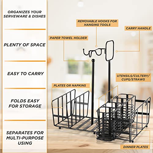 Utensil Caddy (Foldable) - Upgrade with Removable Hooks - Silverware, Plate, Napkin Storage Organizer, Paper Towel Holder and Handle, Utensil Holder for Camping, Picnic, Buffet, Grill, BBQ Parties