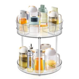 aceyoon 2 tier lazy susan spice rack with 4 removable bins，9.25” clear turntable storage organizer 360° rotating acrylic cabinet organizer for kitchen pantry bathroom makeup organizing container