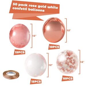 Zesliwy Rose Gold Confetti Balloons, 50 Pack 12 inch White and Rose Gold Latex Balloons with 33 Feet Rose Gold Ribbon for Birthday Party Wedding Graduation Bridal Shower Decorations.