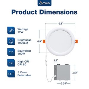 Amico 12 Pack 6 Inch 3CCT Ultra-Thin LED Recessed Ceiling Light with Junction Box, 3000K/4000K/5000K Selectable, 12W Eqv 100W, Dimmable LED Can Lights, 1000LM High Brightness Downlight