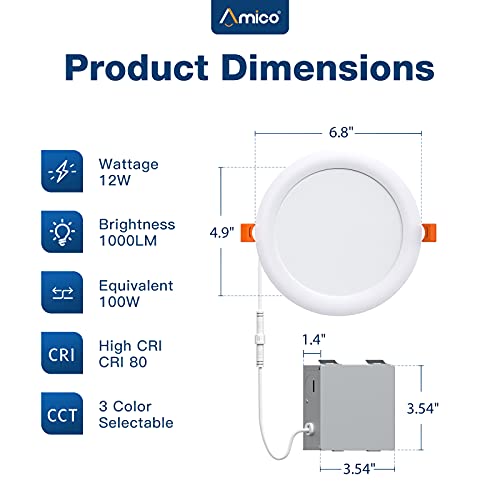 Amico 12 Pack 6 Inch 3CCT Ultra-Thin LED Recessed Ceiling Light with Junction Box, 3000K/4000K/5000K Selectable, 12W Eqv 100W, Dimmable LED Can Lights, 1000LM High Brightness Downlight