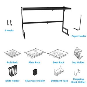 HEITICUP 2 Tier Dish Drying Rack, Adjustable & Space-Saving Over The Sink Dish Drying Rack(from 25.6" to 33.5") Multifunctional Black Stainless Steel Dish Drying Rack