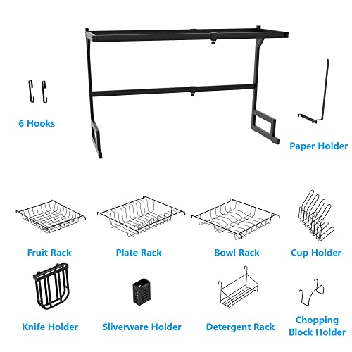 HEITICUP 2 Tier Dish Drying Rack, Adjustable & Space-Saving Over The Sink Dish Drying Rack(from 25.6" to 33.5") Multifunctional Black Stainless Steel Dish Drying Rack