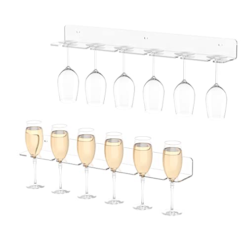 Hexsonhoma Champagne Wall Holer for Party 50, Clear Acrylic Wall Mounted Wine Glass Holder, Under Cabinet Wine Glass Holder Rack (6 Glasses 2 Pack)