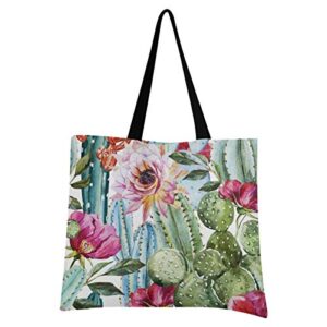 cataku cactus canvas tote bag floral grocery shopping cotton canvas tote bag large handle durable reusable washable bag for women men