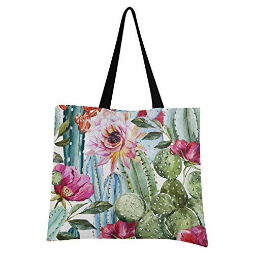 CaTaKu Cactus Canvas Tote Bag Floral Grocery Shopping Cotton Canvas Tote Bag Large Handle Durable Reusable Washable Bag for Women Men