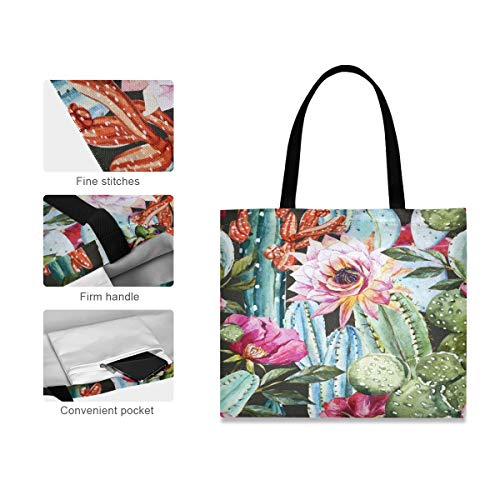 CaTaKu Cactus Canvas Tote Bag Floral Grocery Shopping Cotton Canvas Tote Bag Large Handle Durable Reusable Washable Bag for Women Men
