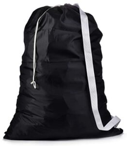 shoulder strap laundry bag – drawstring locking closure, durable nylon material, large capacity, heavy duty stitching, hands free carrying, perfect for laundromat or college dorm. (black | 30″ x 40″)